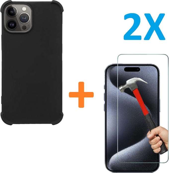 Shock-proof silicone hoesje met 2 Pack Tempered glas Screen Protector - zwart - Geschikt voor: iPhone 15 Pro