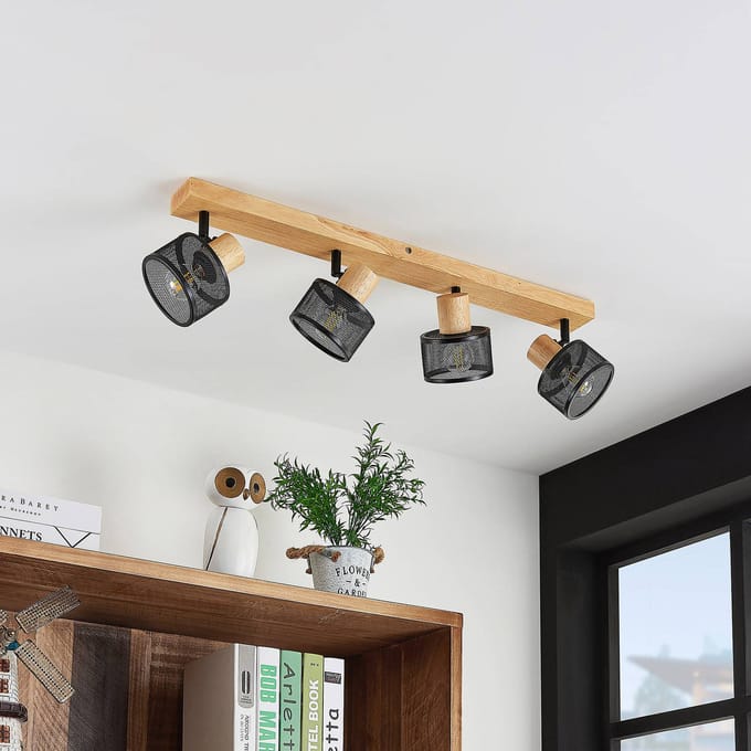 Lindby - buitenspot - 4lichts - Staal, rubberhout - H: 14 cm - E14 - zwart, licht hout