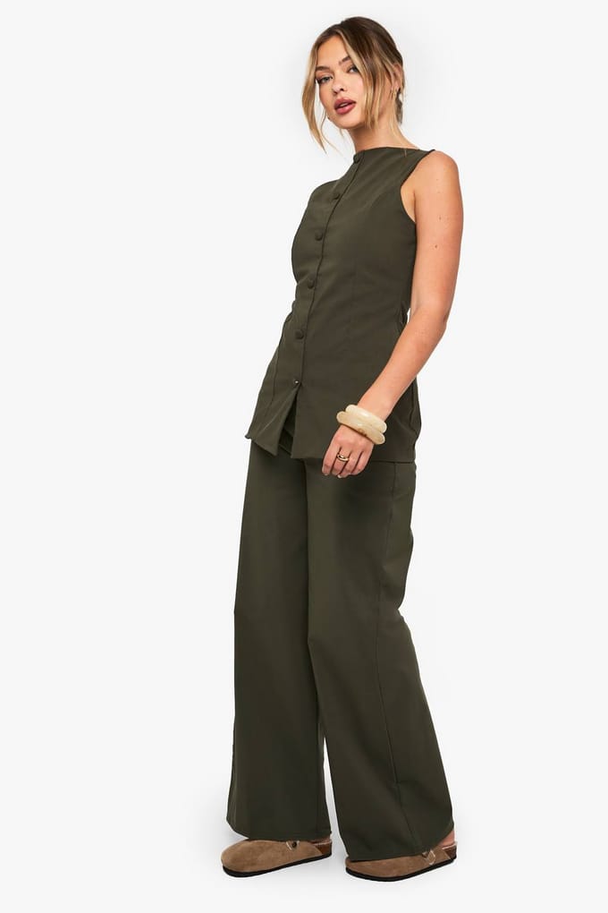 boohoo Dames Super Stretch Broek met Wijde Pijpen | Kaki | Maat: 36