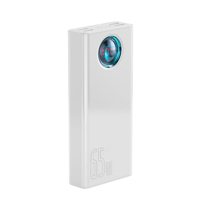 Externe batterij Baseus Amblight Digitale Display, 30000mAh, 65W, QC + PD, 1 x USB-C - 4 x USB-A, Wit PPLG000102