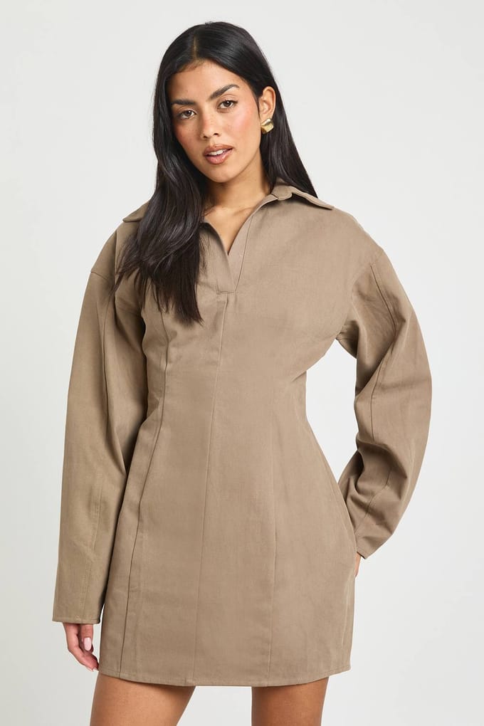 boohoo Dames Twill Blousejurk met Getailleerde Taille | Gewassen Kaki | Maat: 36