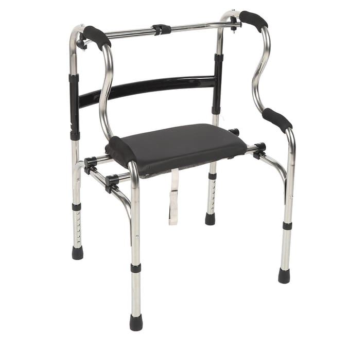 Opvouwbare loopwagen met PU-zitting, opsta-hulpen, 6 verstelbare hoogtes, 2 loopmodi, roestvrij staal black
