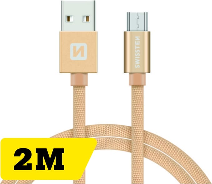 Swissten Lange Micro‑USB Oplaadkabel 2 meter – voor Samsung, Android, Powerbank & PS4 Controller – USB‑A Kabel – Goud