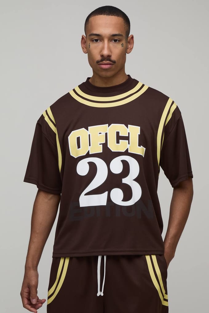 Oversized Boxy Mesh OFCL 23 Printed T-Shirt | Chocolate | Size Medium