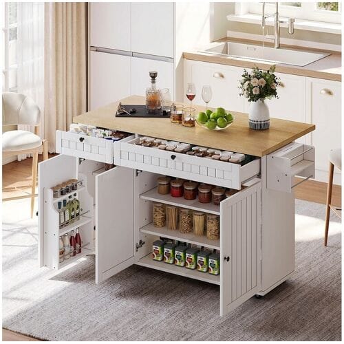 Merax Centraal eiland met opklapbaar werkblad - 137 x 45/70 x 89,5 cm - met 2 laden + 3 deuren - MDF - wit