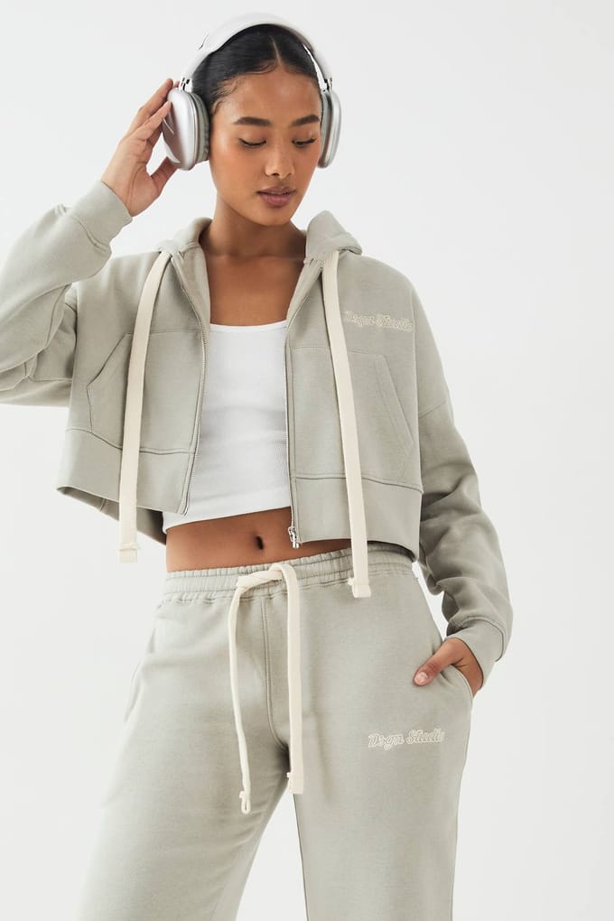 Dames DSGN Studio Contrast Trekkoord Boxy Crop Hoodie | Kaki | Maat: Medium