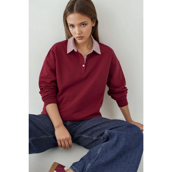Overmaat Polo Nek Sweatshirt met Geweven Garni Detail
