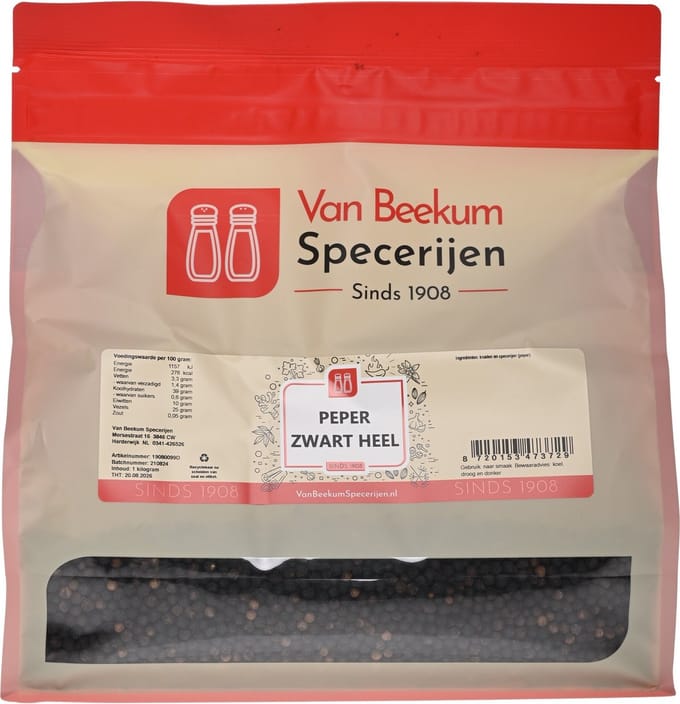 Van Beekum Specerijen - Peper Zwart Heel - 1 KG (hersluitbare stazak)