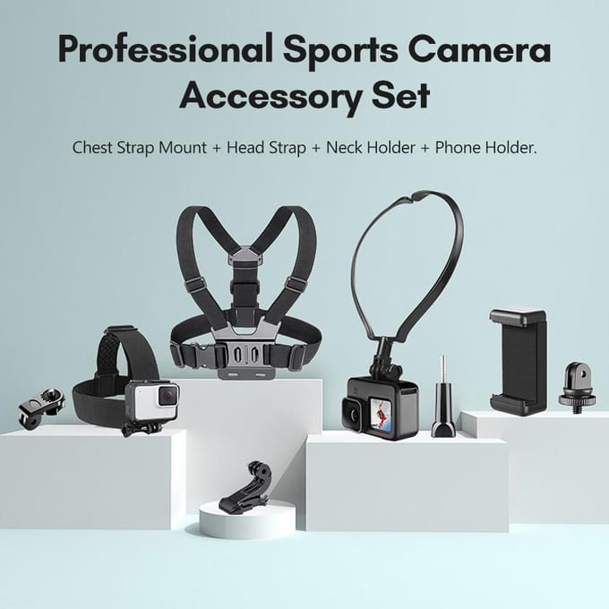 Andoer Sports Camera-accessoireset Borstbandbevestiging + Hoofdband + Nekhouder + Telefoonhouder voor zwart