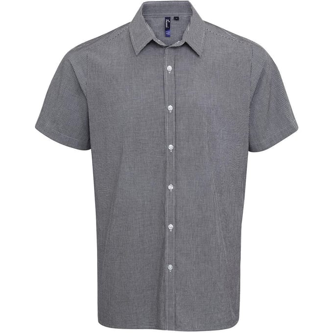 Premier Heren Micro Gingham geruit katoenen overhemd met korte mouwen (Zwart/Wit)