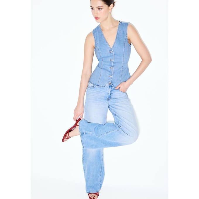 Stradivarius D91 Low-rise wide-leg jeans  LICHTE MIDDENBLAUWE DENIM WASSING 40