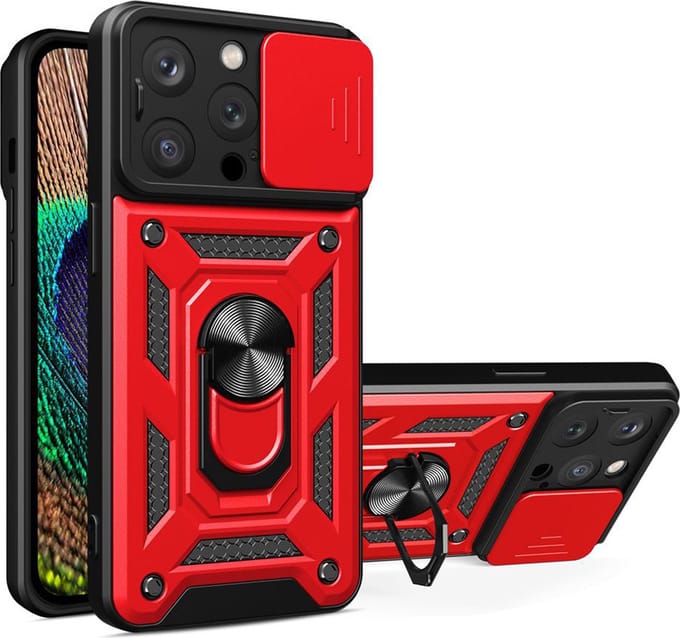 MobyDefend Hoesje - Geschikt voor iPhone 15 Pro - Pantsercase Met Draaibare Ring - Rood