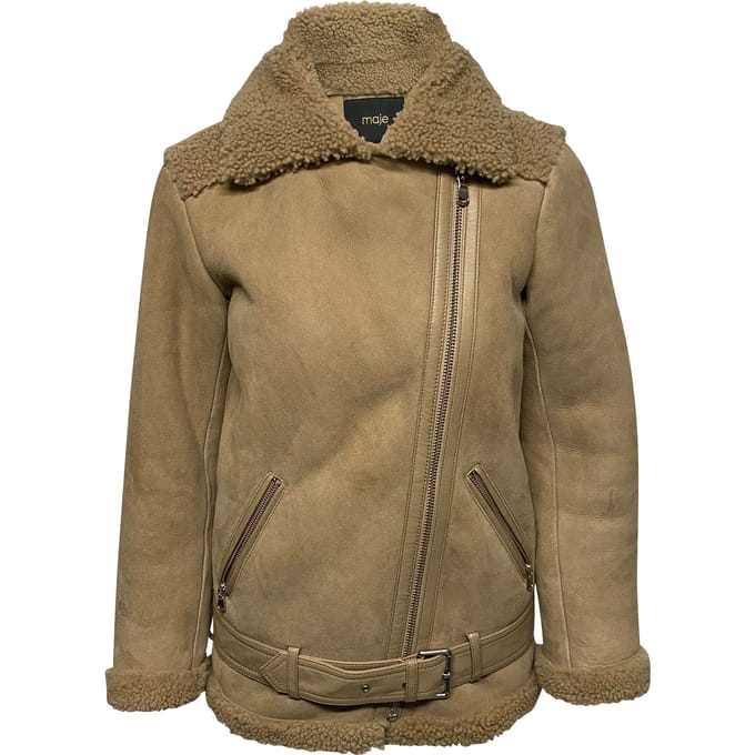 Maje Gombery Shearling Jacket in Beige Suede