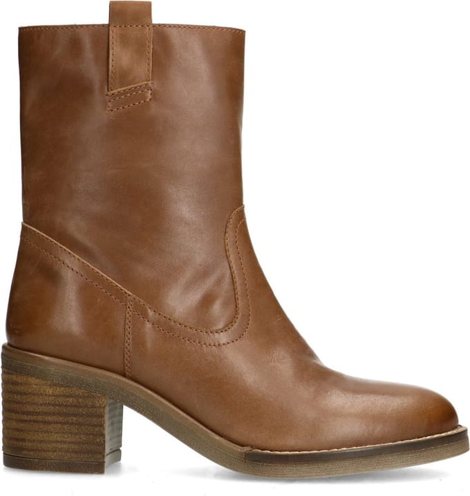 Manfield - Dames - Cognac leren enkellaarsjes met hak - Maat 42