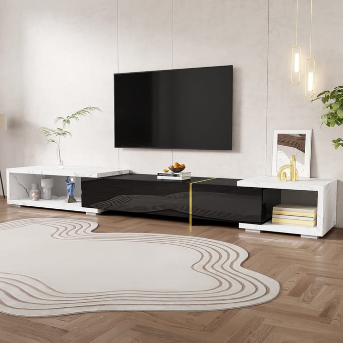 REDOM - TV-meubel - MDF, Particle Board - met opbergruimte - 140-260 cm Black,White Marble