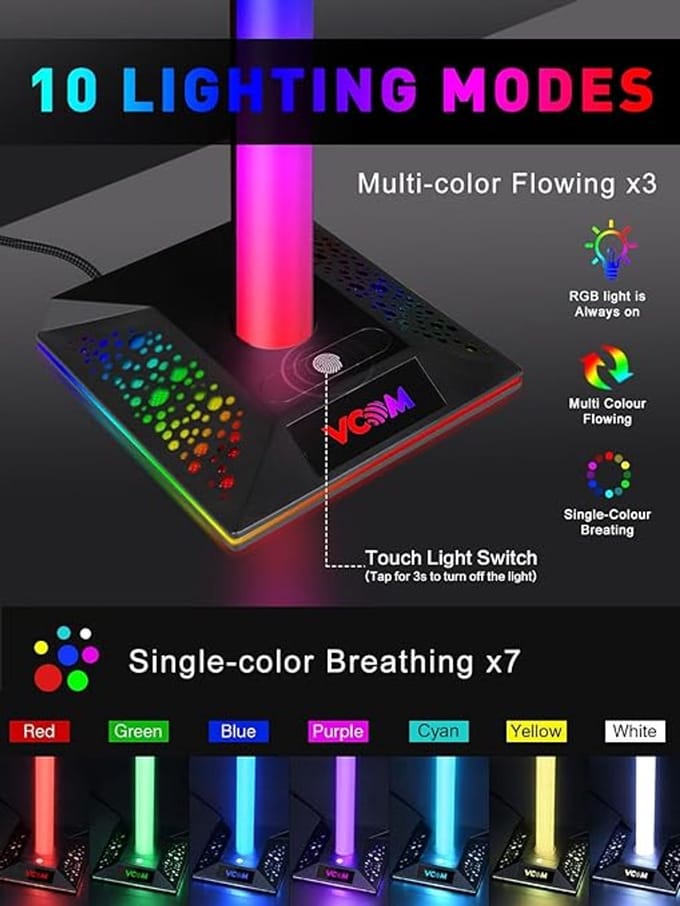 RGB Gaming Headset Standaard met USB & USB-C Hub – Controllerhouder voor 4 Controllers – Headphone Stand met 10 Lichtmodi – USB Hub voor PC, PS5 & Xbox