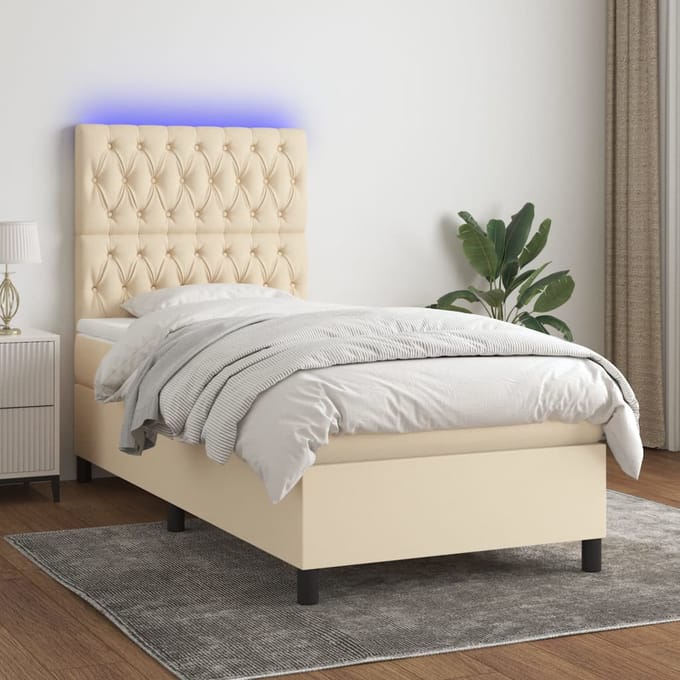 vidaXL - Boxspring - met - matras - en - LED - stof - crèmekleurig - 90x190 - cm