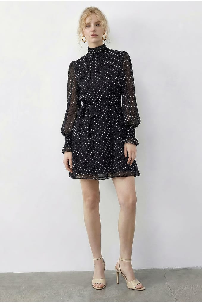 Gestipte Halve Col Mini Jurk met Riem