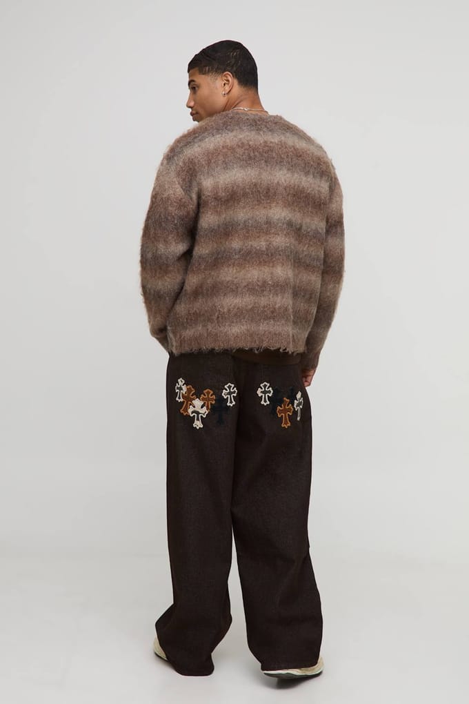 Heren Boxy Fit Ombre Geborstelde Streep Gebreide Cardigan | Brown | Size Medium