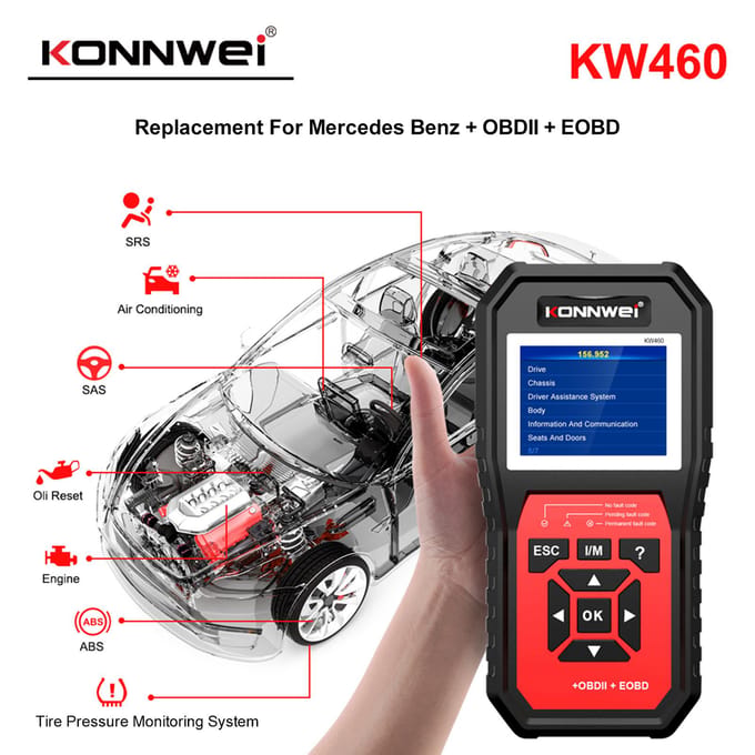 KONNWEI KW460 Alle systeem-OBD-scanner diagnostisch hulpmiddel met 11 speciale functies voor het matchen van batterijen, zwart