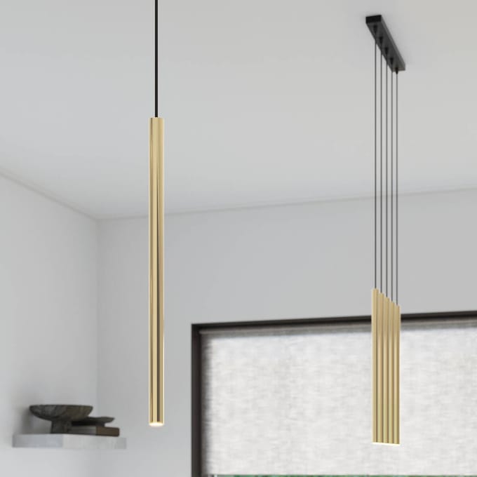 Hanglamp PASTELO 5L met 5 slanke buizen in lijn - Sollux Lighting - IP20 - Glanzend goud staal behuizing - 45 x 5 x 90 cm - 5 x G9 LED, exclusief lichtbron - 5 x 8 W - Moderne hanglamp voor woonkamer, slaapkamer en eetkamer