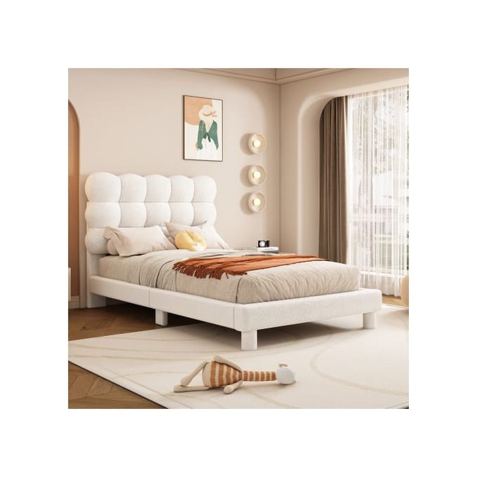 Lit - MUVOE - 90x200cm - Tête de lit rembourrée - Réglage triple - Blanc et rose blanc
