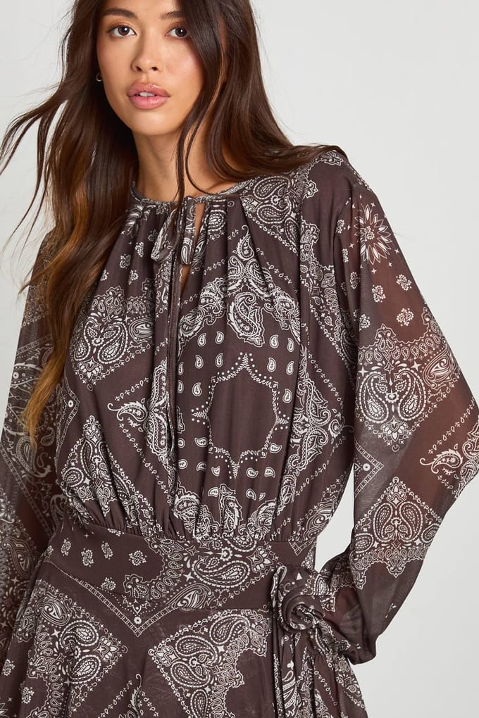 boohoo Dames Paisley-bedrukte mesh geplooide skaterjurk | Chocolate | Maat: 8