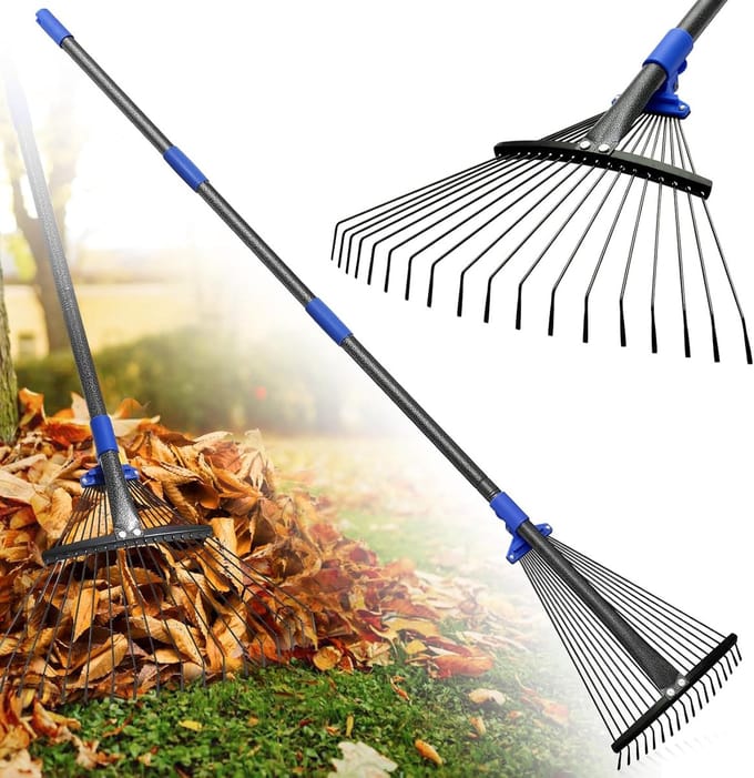 Tuin Bladhark - Gazon hark - Bladeren Opruimen - Verstelbare Kop - 200 cm Lang - Blauw