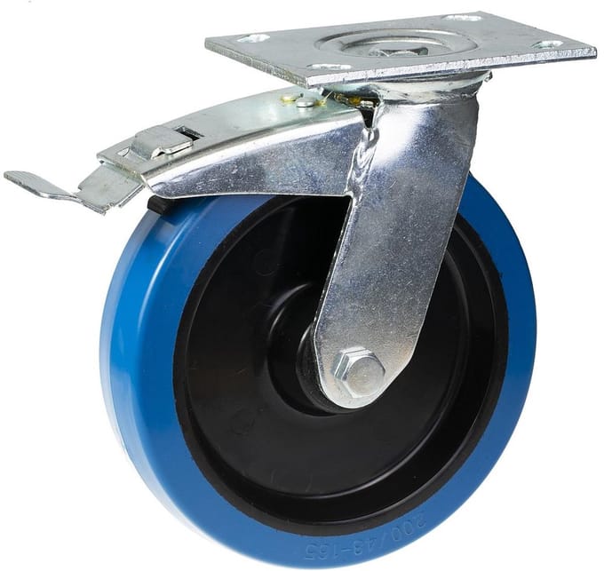 Draaibare wiel met rem, 200 mm, met blauw elastisch rubber op een nylon middenwiel