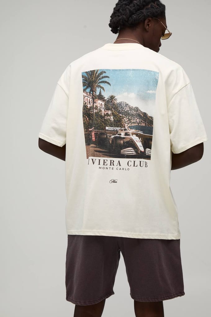 Oversized T-shirt & Short Set Met Verlengde Hals En Rivièra Locatie Print | Ecru | Size Medium