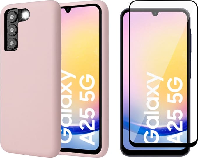 Hoesje geschikt voor Samsung Galaxy A25 / A24 - Screenprotector Volledig Dekkend Glas - Mat Back Case Roze