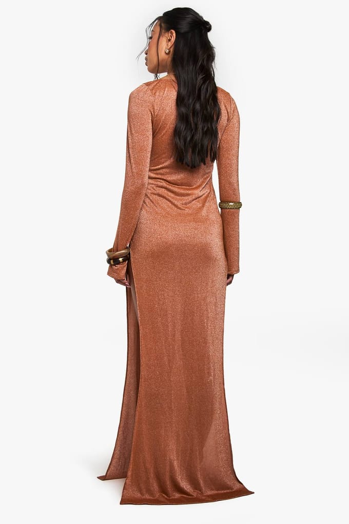 boohoo Dames Premium Zwemglitter Lange Mouw Maxi Strandjurk | Rust | Maat: 14