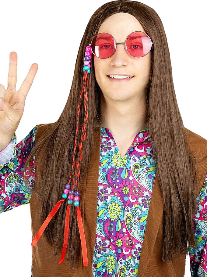 FUNIDELIA Bruine Hippie Pruik - Bruin