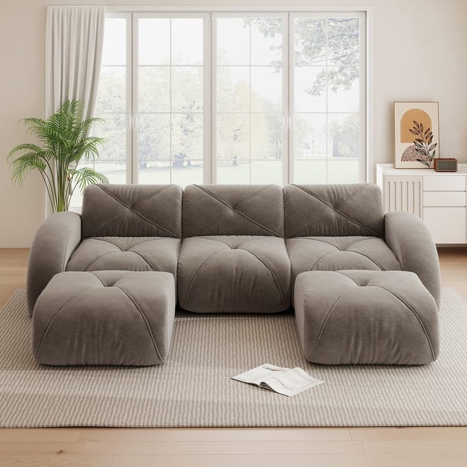 MODFU U-Vormig 3-Zits Modulsofa - Frameloos - Met 2 Hockers - Voor Woonkamer - Chenille - Bruin
