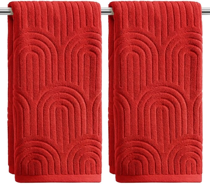 Dailygoods - Set van 2 Zachte Badhanddoeken met 3D Rood Gebogen Strepen
