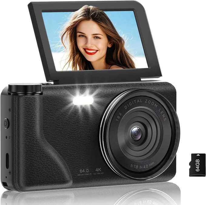 4K Digitale Camera - 64MP Compact Camera - 18x Zoom - 180° Kantelbaar Scherm - Vlog Camera - Autofocus - Webcam Functie - Selfie Camera - Zwart