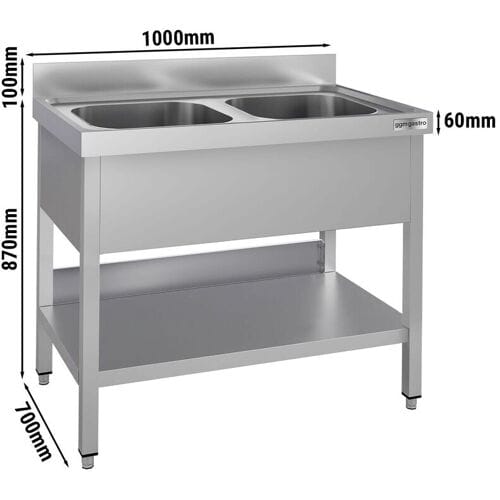 GGM Gastro RVS spoeltafel ECO - 1000x700mm - met onderblad - met 2 spoelbakken midden zilver