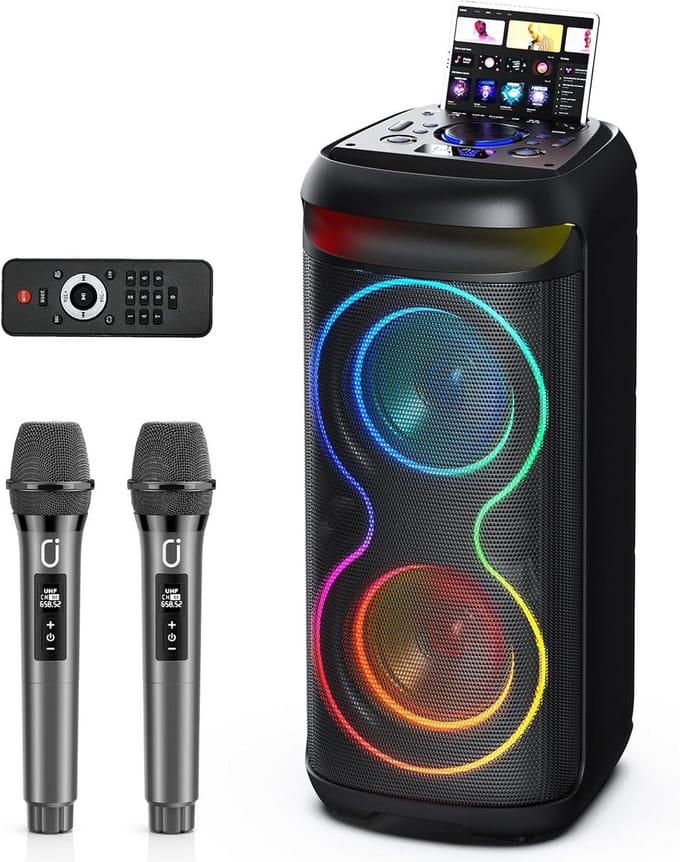 Draagbare Karaoke Luidspreker met 2 Draadloze Microfoons - Bluetooth, Oplaadbaar, Thuis & Feest, 6,5 inch Subwoofer, USB/TF/AUX/TWS