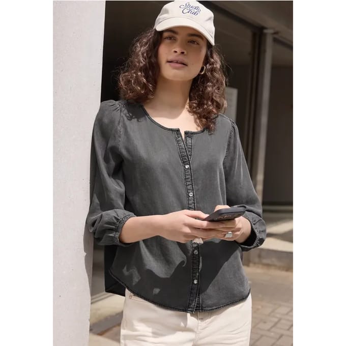 Jeansblouse met 3/4-mouwen en ronde hals
