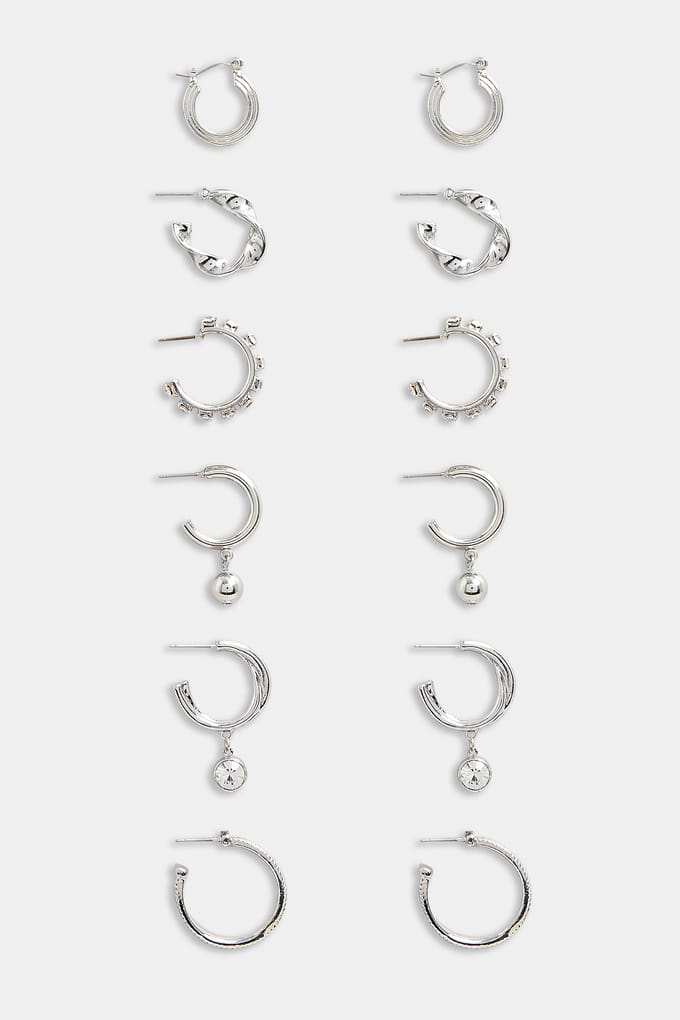 Yours Set Van 6 Paar Minioorringen Met Gedraaid Ontwerp In Zilversize One Size