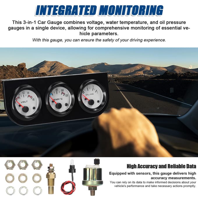 Compteur de voiture multifonctionnel 3 en 1, Kit de jauge automatique, tension de 52mm, température de l'eau, pression d'huile noir