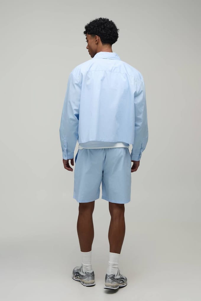 Geborduurd Bloemen Regular Fit Overhemd & Baggy Short Set | Light Blue | Size Medium