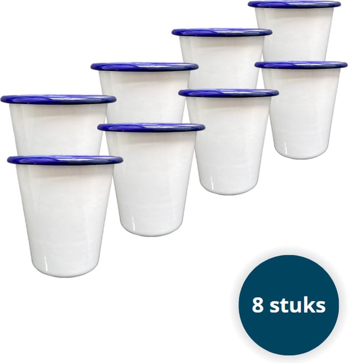 Emaille bekers - Emaille mokken - Emaille Servies - Wit - 8 stuks
