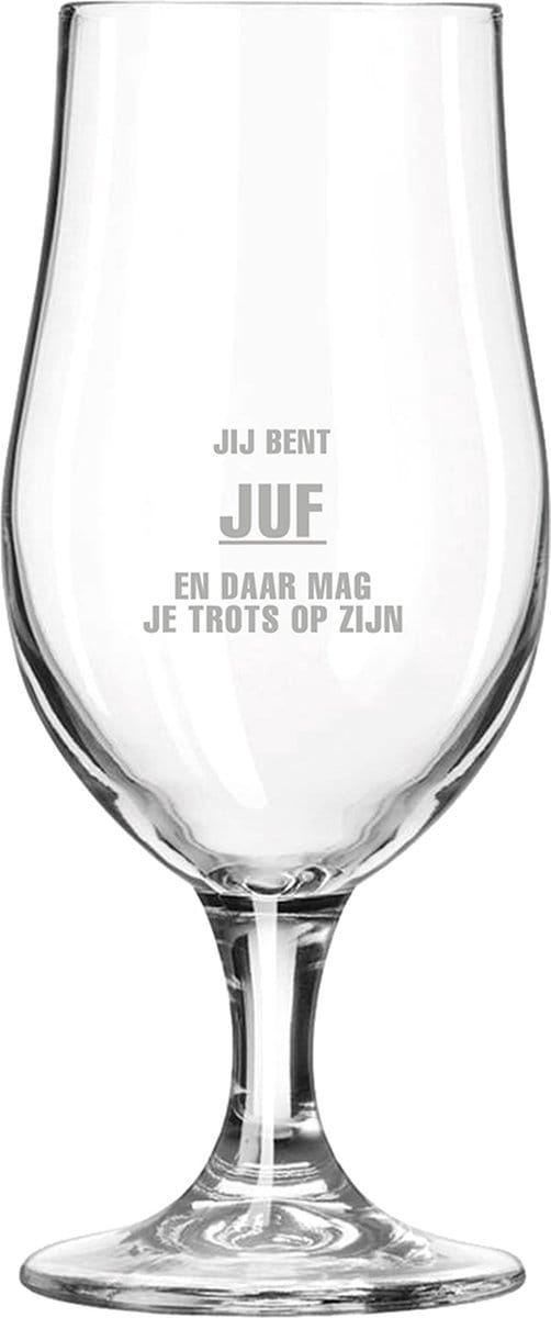 Gegraveerde bierglas op voet 49cl Jij bent Juf en daar mag je trots op zijn