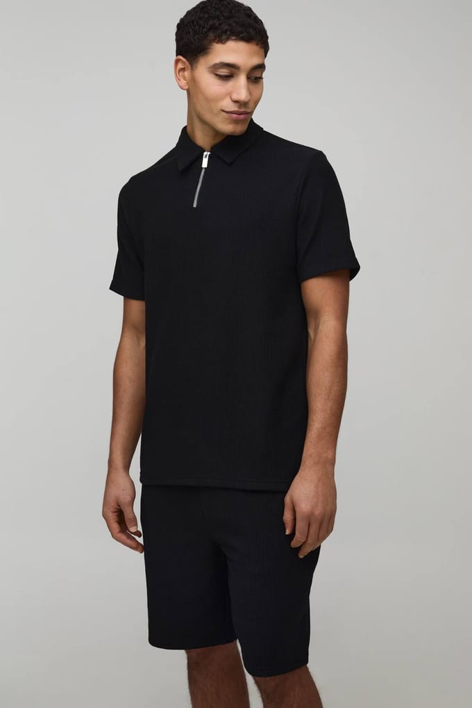 Slim Fit Geribbelde Jersey Polo & Shorts Set | Black | Size Large