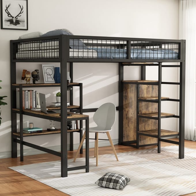 Hoogslaper - 140x200 cm - met bureau, planken - Zwart/Bruin