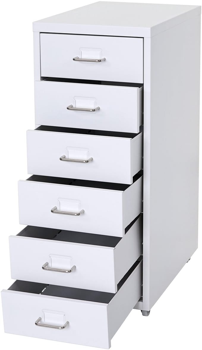 Ladekast op wielen, stalen kast, 69x28x41cm 6 laden ~ wit
