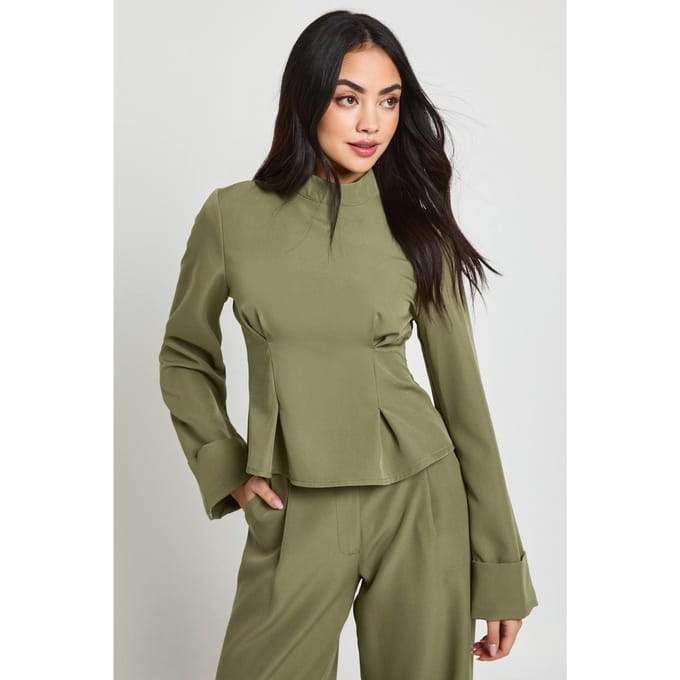 boohoo Dames Hoge Hals Peplum Top | Donkere Olijf | Maat: 44