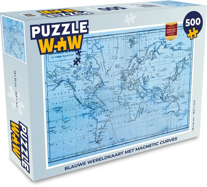Puzzel Wereldkaart - Blauw - Lijnen - Legpuzzel - Puzzel 500 stukjes