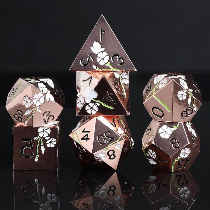 Dobbelstenen Set - Polyedrische Kubussen - Rollenspellen Spelen - Metaal met Bloemen Design - 7 Delig - Goud Wit